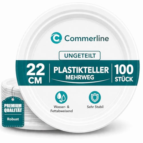 Commerline Plastikteller, 100 Stück, Kunststoffteller, Plastikgeschirr | 22 cm, ungeteilt, Partyteller, Partygeschirr Mehrweg, große Servierfläche, robust, Grill, Buffet, Catering & Camping