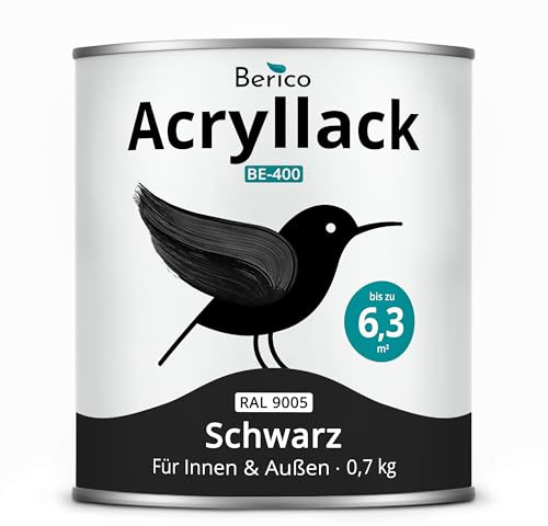 Berico Acryllack - 0,7 Kg - 4in1 Lack, Möbellack - RAL 9005 Schwarz | Robuster 4in1 Buntlack, Langlebig für Innen und Außen – haftet auf Holz, Metall, Kunststoff und Fliesen.