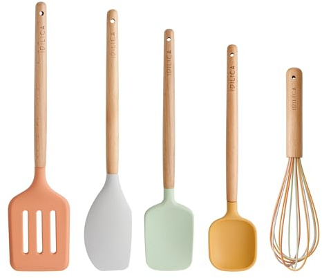 KitchenCraft Idilica Silikonwerkzeug-Set, 5teiliges Kochutensilien-Set mit FSC-Buchenholzgriffen, mehrfarbige Küchenwerkzeuge