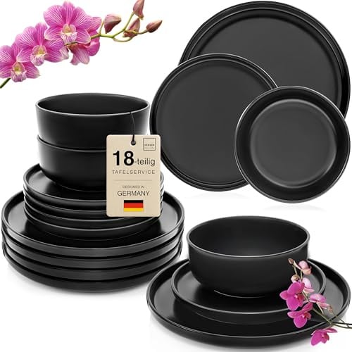 SÄNGER Madeira | Steingut Geschirr Set 18 tlg, Teller Set 6 Personen, Geschirrset 6x Speiseteller 6x Müslischalen 6x Dessertteller, Tafelservice schwarz kratzfest, Essgeschirr matt | VALUE COLLECTION