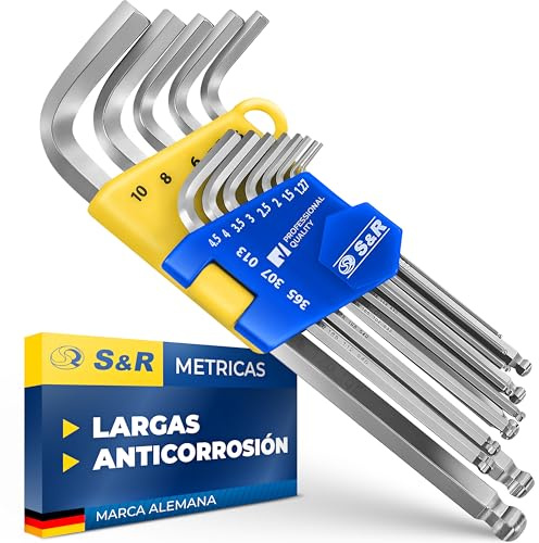 S&R Innensechskantschlüssel Satz HX, 13-tlg mit Kugelkopf, Innensechskant LANG, 1,27 bis 10 mm, Cr-V-Stahl gehärtet, Winkelschlüssel rostfrei, Sechskant Schlüssel-Set in stabilem Klapp-Halter