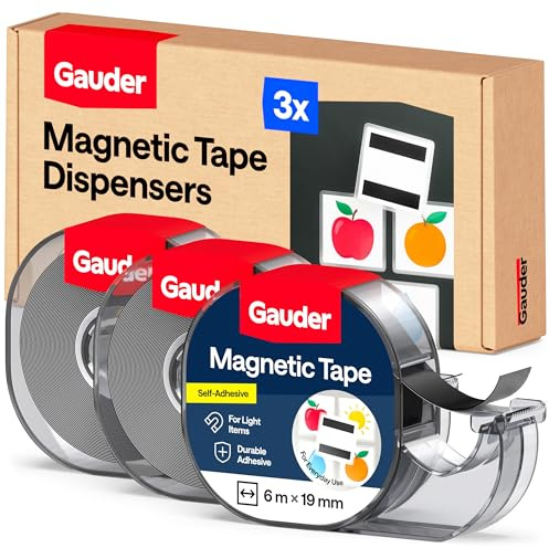 GAUDER Magnetband im Spender - Selbstklebender Magnetstreifen für leichte Gegenstände - Zuschneidbare Magnetbandrolle zum Befestigen von Postkarten & Fotos auf Metallflächen (3 Stück je 6 m x 19 mm)