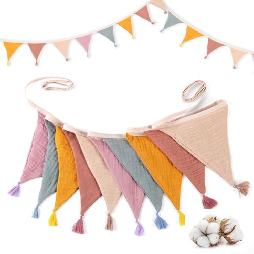 Binlava Wimpelkette Kinderzimmer Stoff, 2.6m Musselin Girlande mit Quasten, Wetterfest Outdoor Wimpelgirlande, Babyzimmer Deko für Hausbett, Wanddeko, Geburtstag, Einschulung, Party (Bonbonfarben)