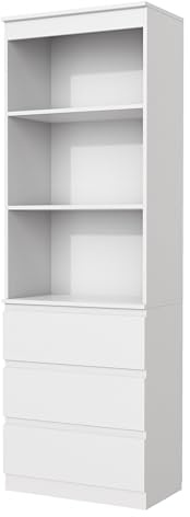 Garvishk Garvis Bücherregal Hochschrank, 3 Schubladen & 3 Regale – MDF Hochregal mit Kippsicherung, 180 cm Hoch, Platzsparend für Wohnzimmer Schlafzimmer Studierzimmer (Weiß Matt)