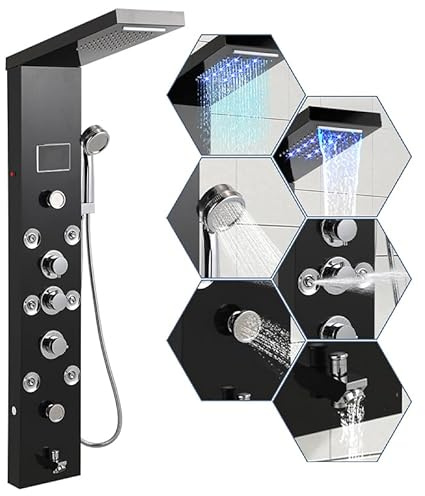 Eikuavons LED Duschpaneel mit Armatur, 6 in 1 Duschsäule aus Edelstahl 304, mit 5 Dusch Funktion (Regendusche, Wasserfalldusche, Massagedusche, Wanneneinlauf Handbrause) Schwarz