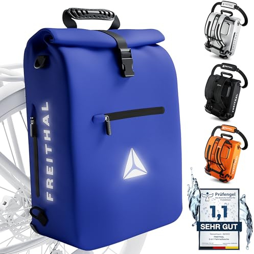 3in1 Fahrradtasche Rucksack 25L, Gepäckträgertasche, Blau | Wasserdicht, reflektierend, mit 16 Zoll Laptopfach, als Rucksack und Umhängetasche, 25 Liter, aus recyceltem Plastik