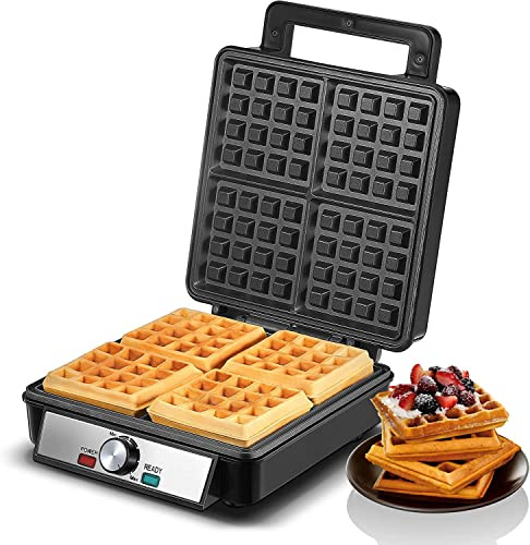 FOHERE 4-Scheiben Waffeleisen, 1200W Belgisches Waffeleisen, Bräunungsregler, Antihaftbeschichtung, Edelstahl & Kontrollleuchten – perfekt für Familienfrühstück