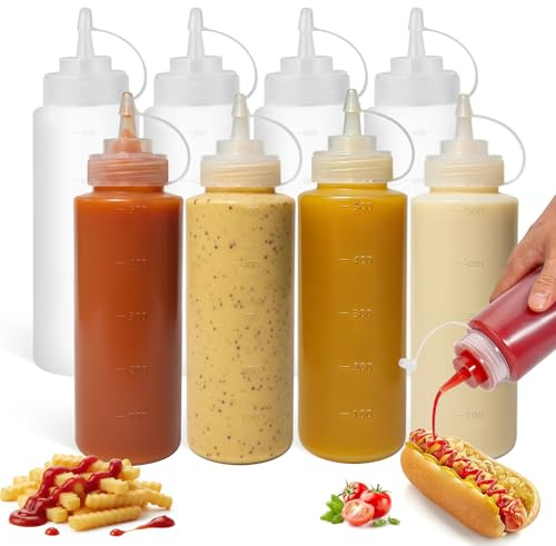 OAMCEG 8 Stück Squeeze Flasche 500ml – 17OZ Quetschflasche, Dosierflasche, Ölflasche, Saucenflasche aus BPA-freiem Kunststoff mit Skala – Auslaufsicher für BBQ, Camping, Küche, Gastronomie