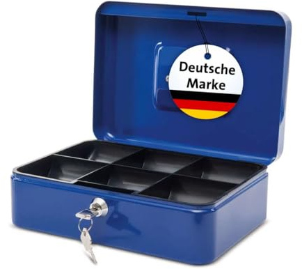 MAUL Geldkassette blau mit Münzeinsatz und 2 Schlüsseln | robuster Stahlkorpus, Zylinderschloss, 6 Hartgeldmulden, Fach für Scheine und Belege