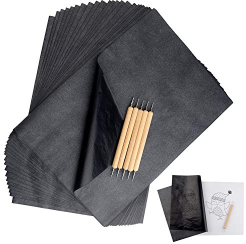 TUPARKA 120 Blatt Carbon Kopierpapier mit Embossing-Stift 5 Stück, schwarzes Transferpapier, Pauspapier zum Plotten auf Holz, Kopierzubehör für Tattoo-Schablonen