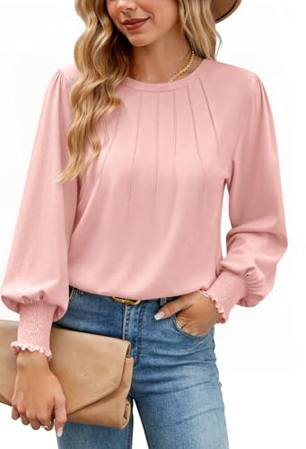 Gyabnw Langarmshirt Damen Elegant Basic Puffärmel Plissee Rundhals Top für Herbst Rosa,M
