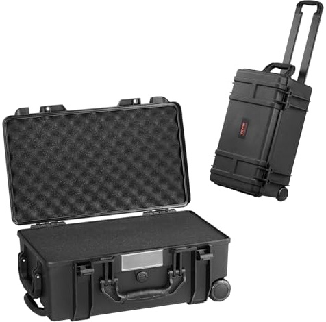 VEVOR wetterfester Hartschalenkoffer Trockenboxen mit vorgeschnittenem Schaumstoff, Rollen und einziehbaren Griffen für Reisen, IP67 wasserdichtes Gehäuse für Kameras Schwarz (55 x 34 x 24 cm)