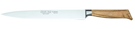 Burgvogel Solingen Tranchiermesser 26 cm geschmiedet Olivenholz, Oliva Line, rostfrei, deutsches Aufschnittmesser, hell, scharf, Braun Beige, A 10“ = 26 cm, 6880.926.26.0