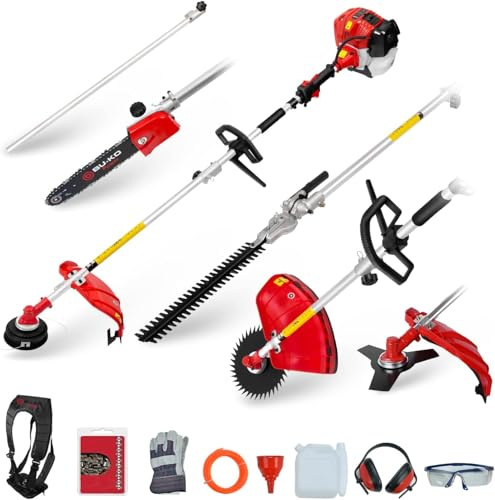 BU-KO 52cc Langstieliges Multifunktionales Gartengerät Inkl. Freischneider, Heckenschere, Kettensäge, Rasentrimmer mit 2,4mm Faden & 1m Verlängerung. 1 Jahr Garantie