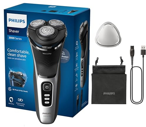 Philips Rasierer Series 3000 – Elektrischer Nass- und Trockenrasierer für Herren in Schwarz, mit SkinProtect-Technologie, ausklappbarem Bartschneider und Reisetasche, kabellos (Modell S3241/12)