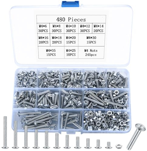 480 STK M4 Schrauben Set, Linsenkopfschrauben Muttern Set, Kohlenstoffstahl Maschinenschrauben Sortiment, Kreuzschlitzschrauben mit Muttern für Reparatur Industrie Fahrrad Schrauben
