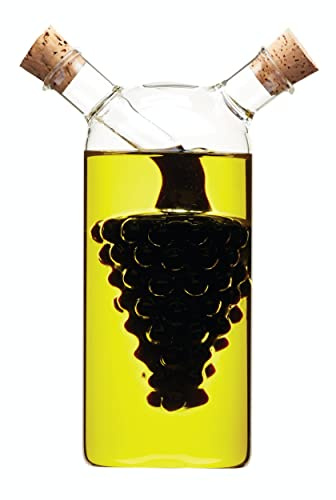 KitchenCraft World of Flavours Öl- und Essigspender aus Glas, 2-in-1-Flasche für Öl und Essig, Krukenflasche mit Korkverschluss, Weintrauben-Design, 50 + 300 ml