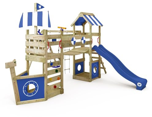 Wickey Spielturm StormFlyer mit Doppelschaukel, blau – aus Holz, für Kinder im Garten