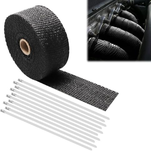 Schwarzes Auspuffband Hitzeschutzband – Hitzeisolierband bis 1000°C mit 10 Kabelbindern | Für Motorrad, Auto & Boot | Basaltfaser-Isolierband zur Wärmereduktion am Auspuff