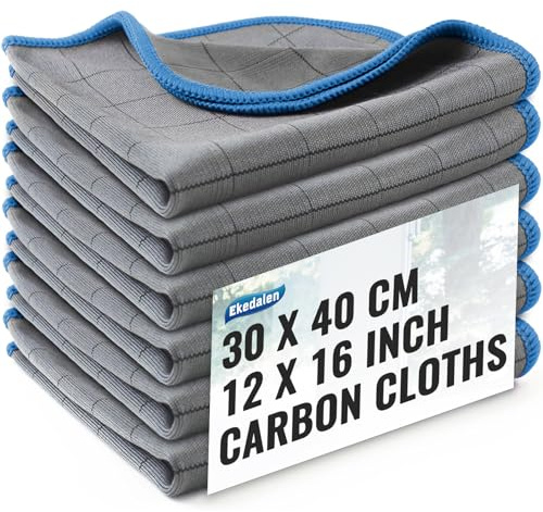 Ekedalen 6X Fensterputztücher Carbon Tücher, Reinigungstücher für Kristallklare & Streifenfreie Scheiben, Mikrofaser Putztücher, Fusselfreies Poliertuch, 40x30 cm Glastücher, Blau