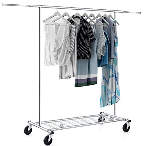 Tatkraft Duncan - Profi Schwerlast Kleiderständer auf Rädern, bis 100 Kg | Kleiderstange Faltbar, 1 Min Montage, Ausziehbar Verstellbar 128-189x107x143-169cm, Rollgarderobe mit Ablage, Verchromt Stahl