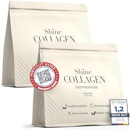 Shine Collagen Pulver 600g - 100% Collagen Peptide, Premium Hydrolysat Typ 1, 2 und 3, Halal, Perfekte Löslichkeit, Geschmacksneutral, 2er Pack (2 x 300g)