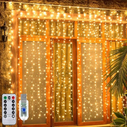 Ollny Lichtervorhang innen aussen, 3x3m 300 LED Lichterkette außen innen USB mit Fernbedienung Timer, dimmbar Lichterketten Vorhang für Fenster Weihnachten Schlafzimmer Wand(warmweiß)