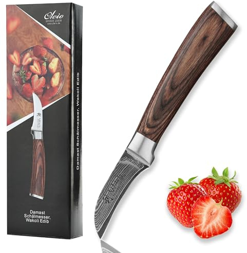 Wakoli EDIB Schälmesser aus echtem Damaststahl (VG10 Kern) mit 6 cm gebogener Klinge – Scharf & handlich – Damastmesser mit Pakkaholzgriff in Geschenkbox – Tourniermesser für Obst & Gemüse