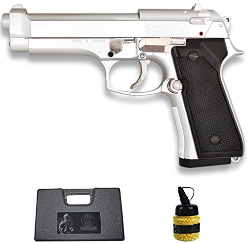 Pistole HFC-118E M92 Silber (6 mm) | Airsoft-Kurzwaffe (Kunststoffkugeln) Typ Beretta 92 + PVC-Koffer + Munitionsflasche (Leistung: 0,33 Joule)