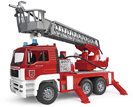 bruder 02771 - Man TGA Feuerwehr mit Drehleiter, Wasserpumpe & Light & Sound Modul - 1:16 Einsatzfahrzeug, Feuerwehrauto, Notruf, Löschfahrzeug, Spielzeug