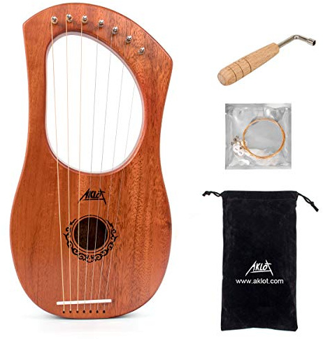 AKLOT Lyre Harfe,7 Metallsaiten Knochen Sattel Mahagoni Lauge Harfen mit Stimmschlüssel und schwarzer Gigbag