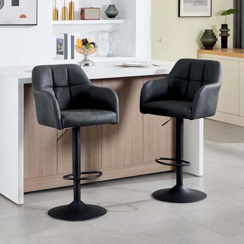 KHISCHMO Moderner Leder Barhocker 2er Set höhenverstellbar Barstuhl Gepolsterte Küchenhocker mit Armlehnen Metallgestell Esshocker Fußstütze Stilvolle Thekenhocker für Kücheninsel Esszimmer, Schwarz