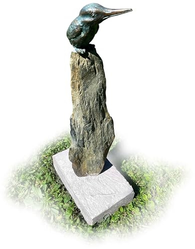 Yerd Gartendeko Figur: Bronzefigur Garten, Vogel auf Schiefer-Stein mit eingrabbarem Beton-Standfuß, original Rottenecker Objekt … (EisvogelGroß1)