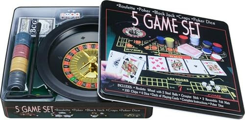 Pegasi 5-in-1 Pokerset 400 Chips - Schwarz - Spielbox mit Kartenspiel | Indoor, 4 Würfel, Dealer Button, 2 Spielmatten, Roulette Rad und Kugeln, Casino set, Poker, Black Jack, Craps, Pokerkarten