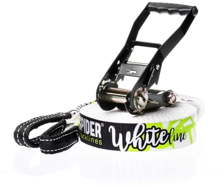 SPIDER SLACKLINE SKS01 - Slackline Kit White line - Workout und Gleichgewichtstraining, Walk & Freestyle - Ratsche, Umhängetasche - Maximale Tragkraft für Erfahrene Slackliner - Länge 15 Meter