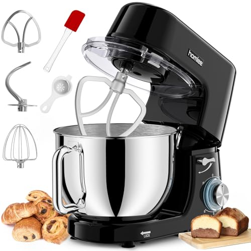 Homlee KüChenmaschine 2000W Knetmaschine,Mit 7.2L EdelstahlschüSsel,6 Geschwindigkeit Pulsfunktion,Mit RüHrbesen RüHrhaken,Spritzwassergeschü Knethaken