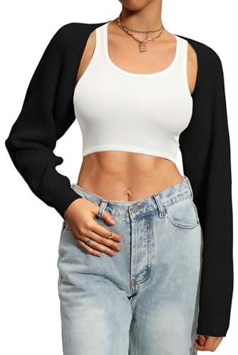 Navneet Bolero Damen Boleros Kurz Oversize Strickpullover Y2K Crop Top Shrug Winter Strickjacke Cardigan Sweater Boleros Schwarz M