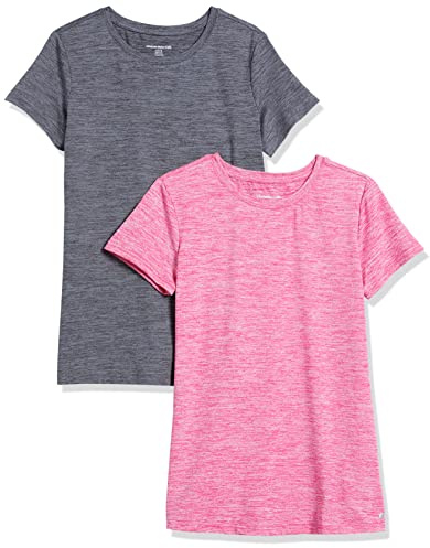 Amazon Essentials Damen Schnelltrocknendes Kurzärmliges Sport-T-Shirt aus Tech Stretch mit Rundhalsausschnitt, 2er-Pack, Himbeere Space-dye/Kohlegrau Space-dye, XXL