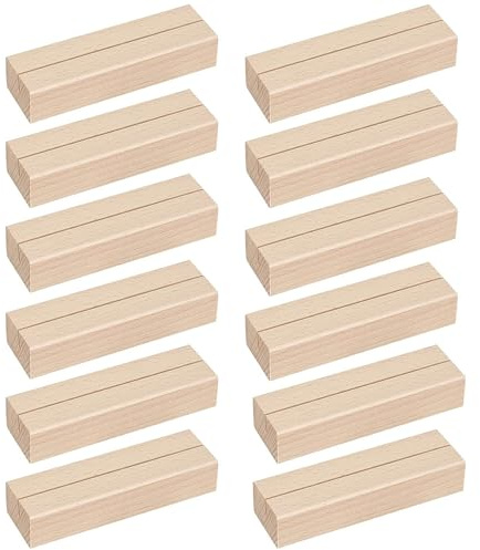 fengman123 12 Stück Tischkarte Inhaber, 10x3x2cm Natürliches Massivholz Kartenhalter Platzkarte, Naturkarton Kraftkarton Tischkarten für Hochzeit Tischnummer Tischkarte Platzkartenhalter Fotoständer