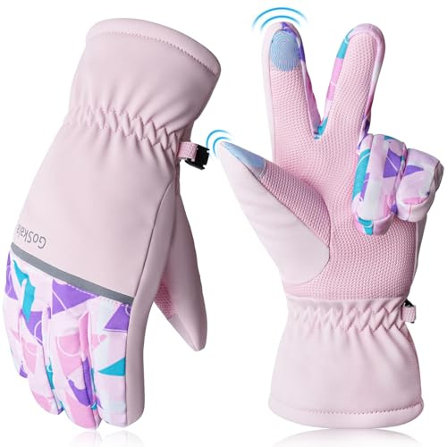 GoSkala Fahrrad Handschuhe Kinder, Winddichte Winterhandschuhe, Warme Touchscreen Fahrradhandschuhe Kinder mit Anti-Rutsch Grip - Handschuhe für Outdoor & Sport, 4-12 Jahre, Rosa
