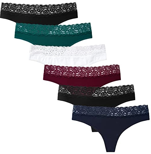 INNERSY String Tanga Damen Spitze Sexy Unterwäsche Frauen Baumwolle 6 Pack | Spitzen Unterhosen, Atmungsaktive Hipster Panties, Weich Strings Tangas Mittlere Taille, Feminine Thong, Sport, Dates, Alltag