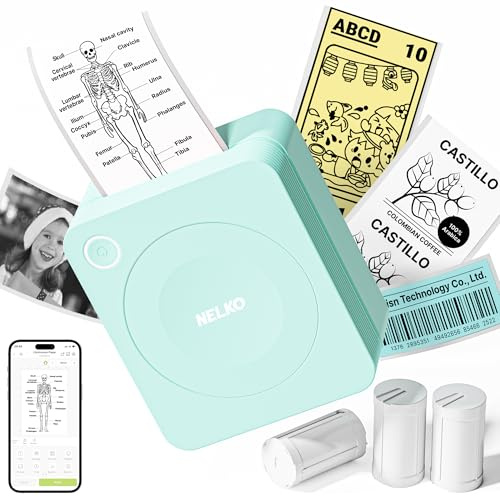 Nelko Mini Thermo Drucker PM230, Smart APP Bluetooth Fotodrucker,mit 3 Roll | Smart AI APP unterstützter Thermodrucker,Etikettendrucker für Smartphone,DIY Erstellung,Studiennotizen,Aufkleber (Grün)