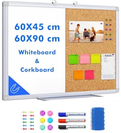 maxtek Pinnwand Kork und Whiteboard mit Aluminiumrahmen, 60 x 45 cm Magnettafel White Board Korktafel Kombination für Wohnung, Büro, Küche und Schule