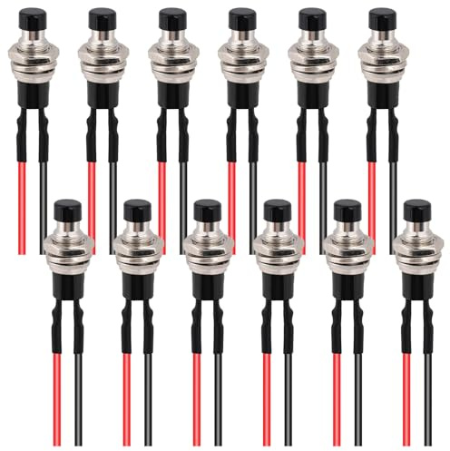 12 Stück 7mm Vorverkabelt Mini Momentan Druckknopf Taster Schalter 12V, 3A 220V SPST 2 Pins Vorgelöteter Druckknopfschalter Runder Flachknopf-Drucktasten, Drucktaster Rot für Modelleisenbahn-Hobby