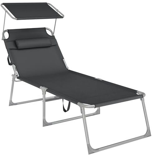 SONGMICS Große Sonnenliege, klappbarer Liegestuhl, 71 x 200 x 38 cm, Belastbarkeit 150 kg, mit Sonnenschutz, Kopfstütze und Verstellbarer Rückenlehne, für Garten Pool Terrasse, anthrazit GCB22GYV2