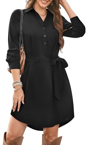 Florboom Damen Hemdkleid Elegant V Ausschnitt Langarm Kleider Herbst Freizeitkleid mit Knöpfen (Schwarz, M)