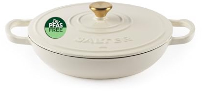 SALTER Chester Flacher Gusseisen-Auflauftopf – 30 cm Dutch Oven, Selbstschöpfender Deckel, Langlebiges Gusseisen, Ofenfest, Geeignet für alle Herdarten einschließlich Induktion, 2,8L, PFAS-frei,