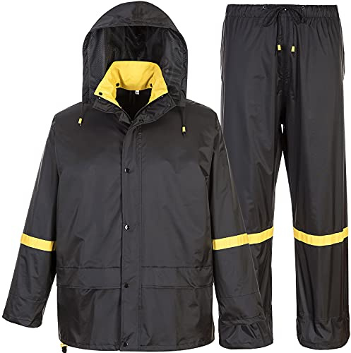 EI Sonador Atmungsaktive Regenjacke & Hose Anzug Herren Regenanzug mit Kapuze Regenbekleidung Arbeitskleidung Wetterbeständig Wasserdicht Leicht - Schwarz - X-Large