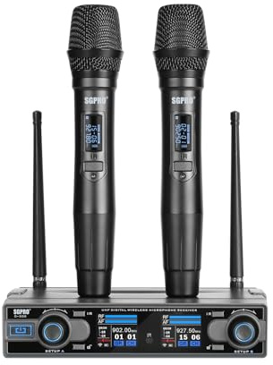 SGPRO Drahtloses Mikrofon Dual-Handheld-System mit AA-Batteriebetriebenen Mikrofonen 6 Stunden Ausdauer, Auto-Scan, TFT-Bildschirm für DJ, Gesang, Hosting, Bühne und Party