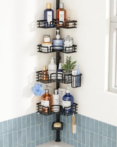 SWTYMIKI Duschregal Teleskop Dusche Teleskopstange - Edelstahl, 70-275cm | 4-Tier Teleskop Eckregal Dusche mit Seifenhalter, Zahnbürstenhalter und 4 Haken, verstellbarer Duschablage Ohne Bohren Ecke
